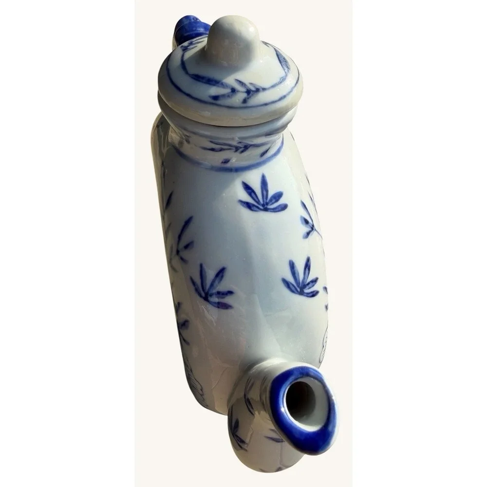 Vintage Blue White Chinese Donut Teapot Dragon Handle Chinoiserie Ring Pot 7